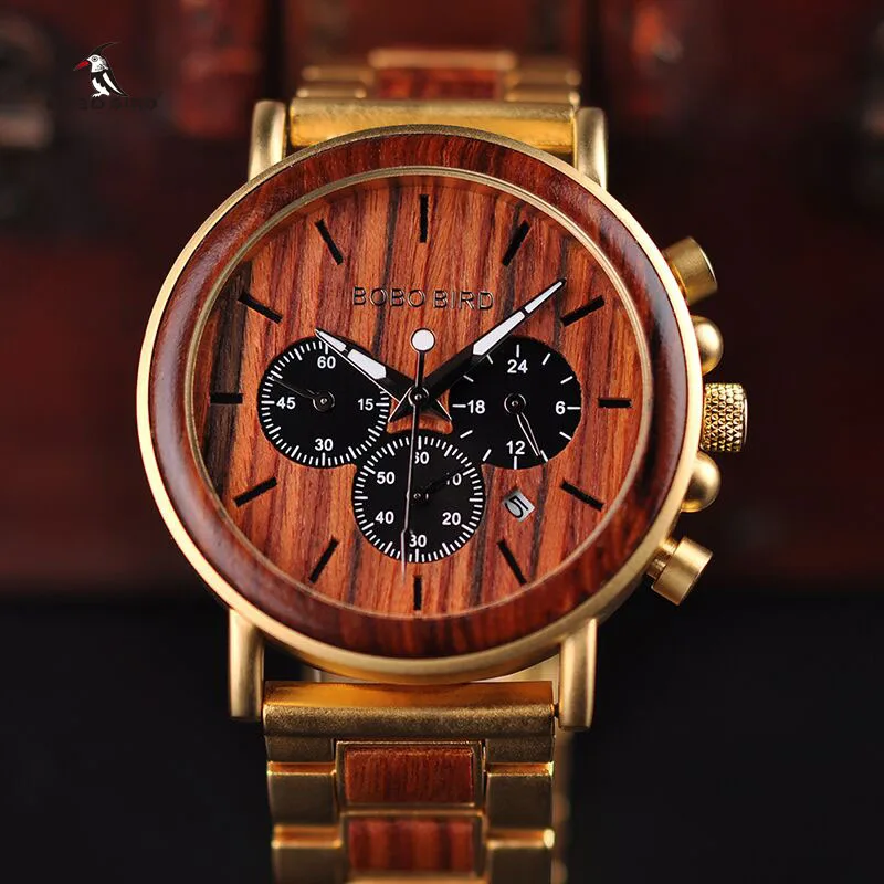 BOBO BIRD Gold Watch Men Luxury Brand Wooden Wristwatches Date Display Stop Watches reloj golden hour