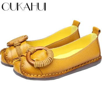 

OUKAHUI 2019 Spring Soft Genuine Leather Flats For Women Autumn Shoes Shallow Metal Round Buckle Ladies Ballet Flat Shoes Loafer