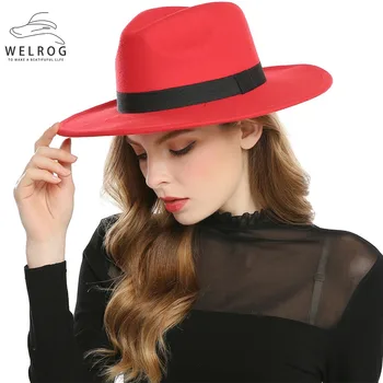 

WELROG Black Red Fedora Hats For Women Imitation Wool Fedoras Panama Felt Hat Winter Men Jazz Hats Trilby Chapeau Femme Caps