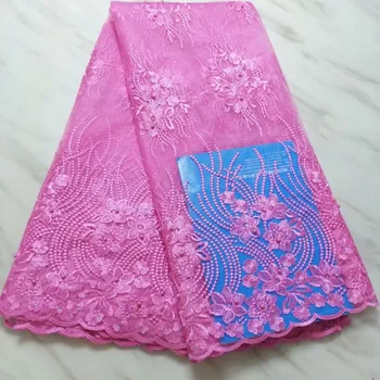 

African Beaded 3D Tulle Lace Fabric 2019 African French Lace Fabric High Quality Nigerian Pink Embroidery Tulle French Lace