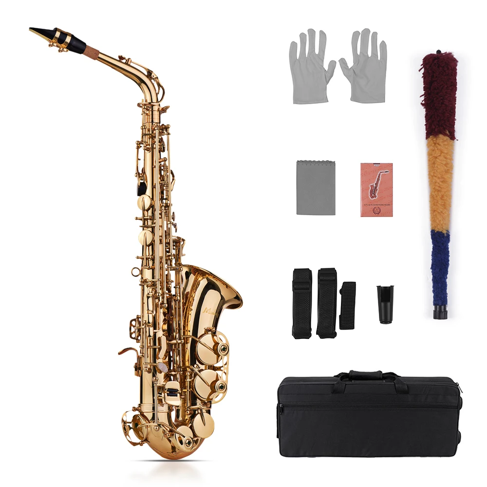 

Muslady Eb Alto Saxophone Sax Brass Lacquered Gold 802 Key Type with Carry Case Gloves Cleaning Cloth Brush Sax Straps Reeds