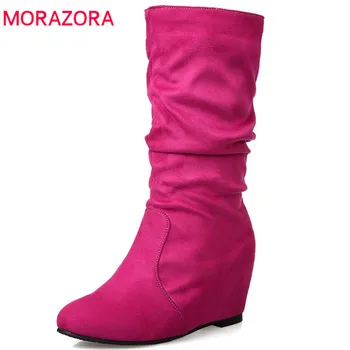 

MORAZORA 2020 new arrival mid calf boots women flock autumn winter boots round toe fashion wedges shoes woman big size 34-44