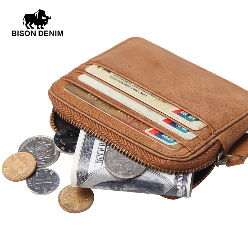 

BISON DENIM Genuine Leather Coin Wallets Male Vintage Credit Card Wallets Fashion Coin Purse Small Leather Men Women Wallet