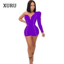XURU One Shoulder Women Jumpsuit Rompers Long Sleeve One Sleeve Beading V-Neck Solid Rompers Blue Green Black Womens Overalls