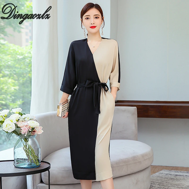 

Dingaozlz Silk Summer Dress New Vintage Contrast color Women dress Bow tie Half sleeve Plus size dress Vestidos