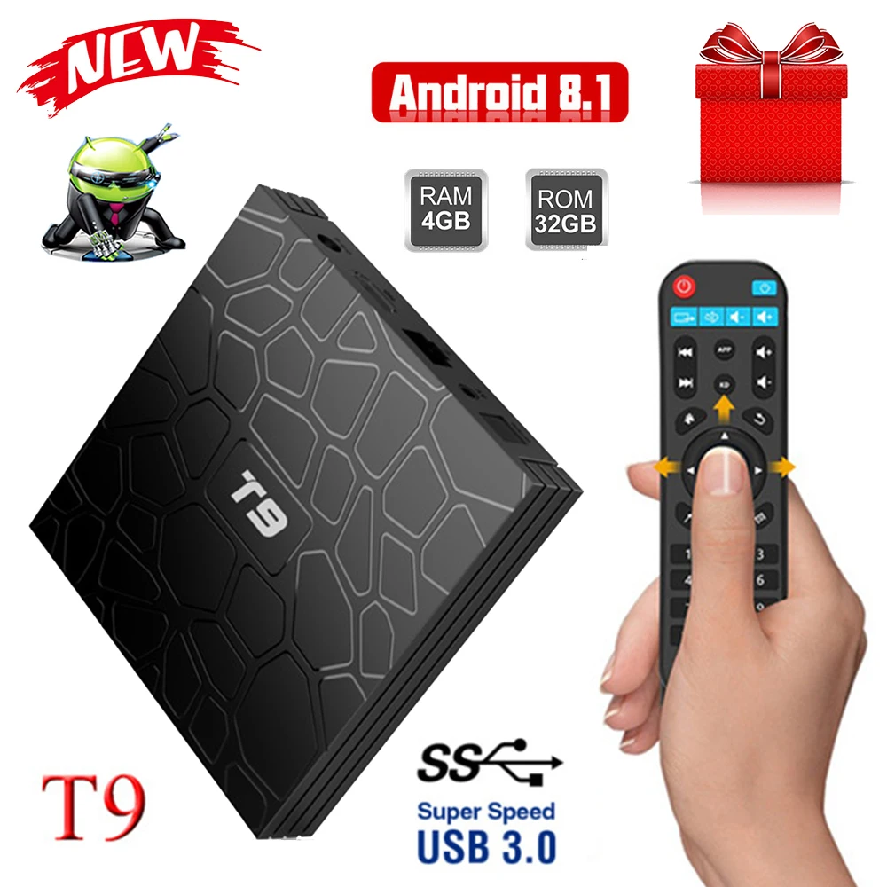 

T9 TV Box Android 8.1 4GB 32GB RK3328 Quad-Core Wifi BT4.0 USB3.0 Smart TV 4K HD Google Play Store Netflix Youtube Box TV Player