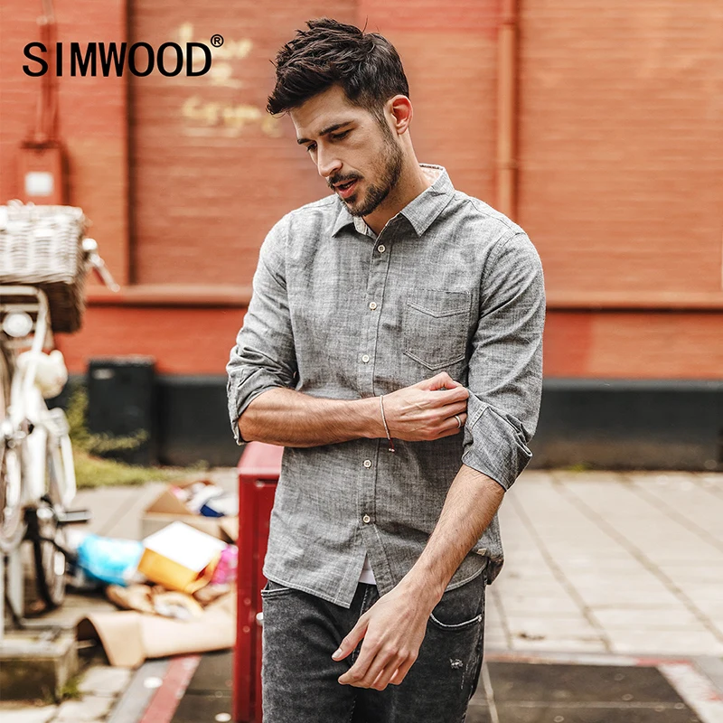 

SIMWOOD Casual Shirts Men 100% Pure Cotton 2019 autumn New long sleeve shirt Male Slim Fit Plus Size High Quality CC017006