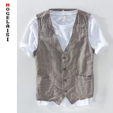 Льняной мужской жилет тонкий пояс диапазон 100-116 см материал 55% лен+ 45% хлопок Осенний жилет мужской полосатый тонкий Азиатский размер M-3XL