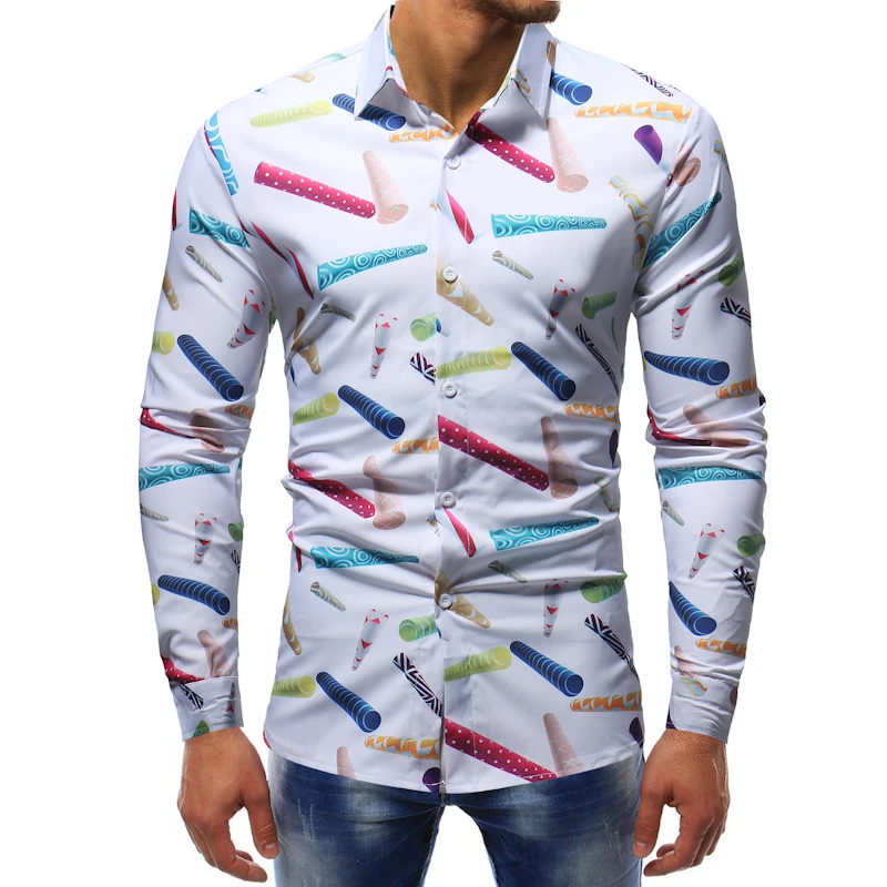 

Men Autumn Shirt Long Sleeve Print Colorful Shirt Top Male Slim Fit Casual Business Shirts Plus Size Men Clothing Aurumn 2019