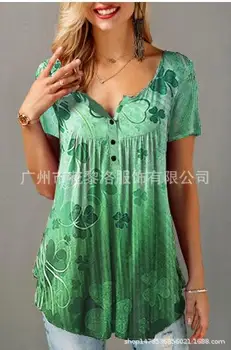 

Popular style 2019 summer new European and American printed button round collar pleated short-sleeved cross-border leisur