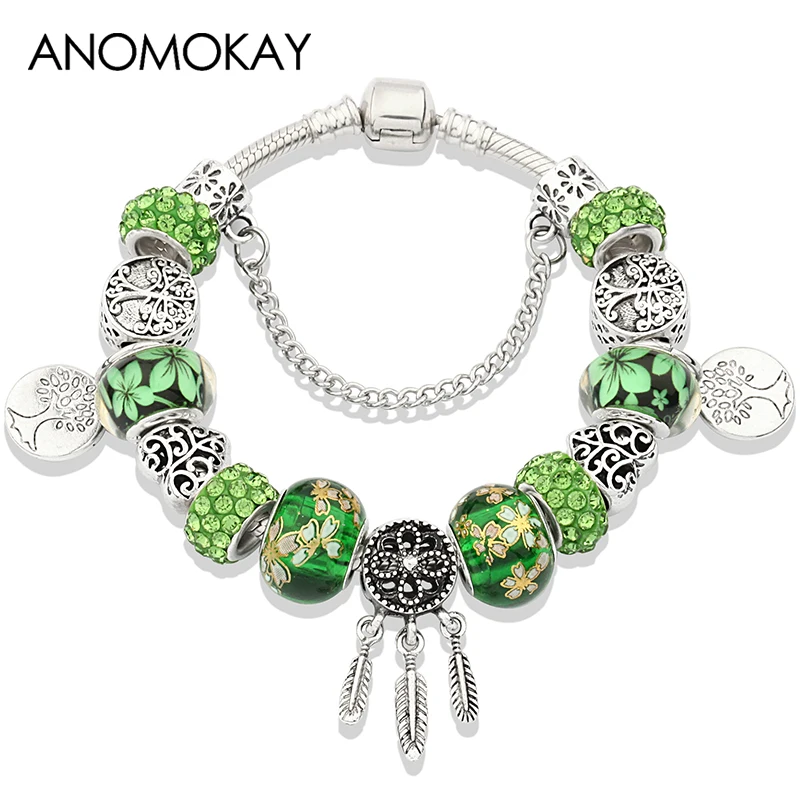 

Anomokay Green Tree of Life Casual Diy Bead Pan Bracelet Antique Silver Dreamcatcher Charm Bracelets & Bangles Jewelry Gift