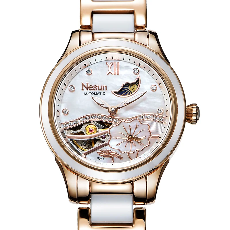 Швейцария Nesun полые Tourbillon Для женщин часы Элитный бренд часы Самовзводные наручные Водонепроницаемый женские часы N9071-1