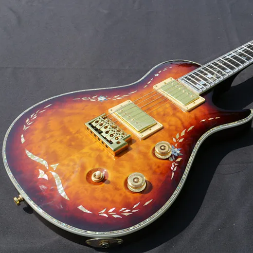 

High Quality Electric Guitar with Mother of Pearl & Abalone Inlays, Quilted maple top, Vintage Sunburst Guitarra, Wholesale