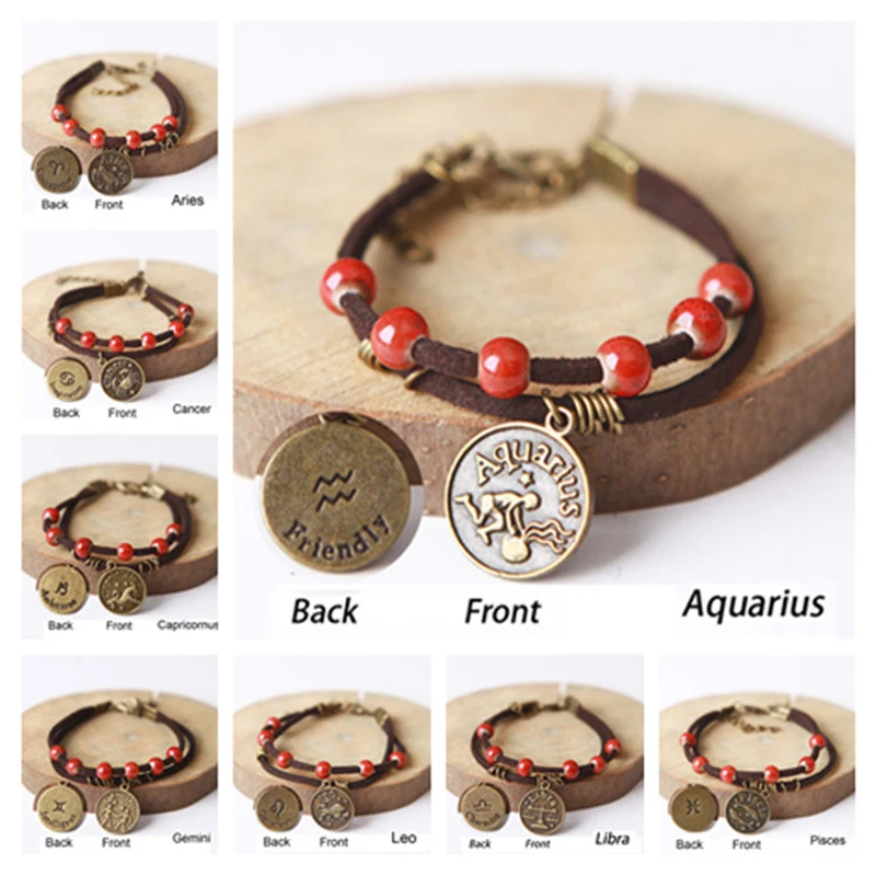 

Ceramic Beaded Charm Rope Bracelet with Constellation Pendant 12 Zodiac Astrological Sign Horoscope Cancer Bangle Birthday Gifts
