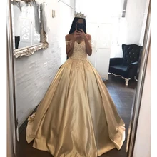 Золотое сатиновое бальное платье принцессы Пышное Платье с открытыми плечами кружевное платье с объемными цветами милое 16 платья Vestidos de quincea era