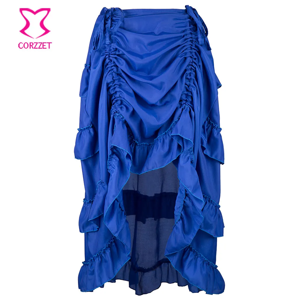 

Corzzet Blue Ruffle Front Short Back Long Adjustable Gothic Steampunk Skirt For Women Matching Corset