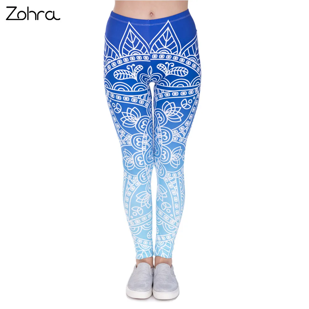 Zohra Hohe Qualität Frauen Legins Mandala Ombre Blau Druck Legging Mode Lässig Hohe Taille Frau Leggings