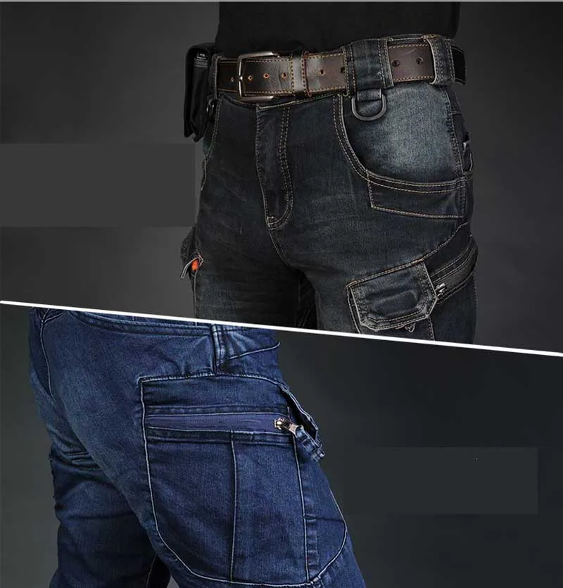 Mcikkny Men's Cargo Casual Jeans Pants With Multi-pockets Motorcycle Denim Trousers Military Style For Men's Outdoor Jeans Blue (6)