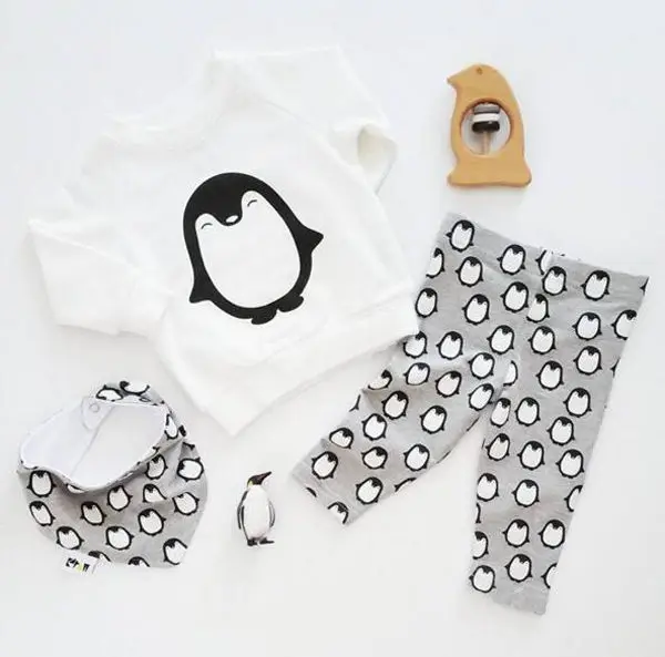 Комплекты одежды для новорожденных г., модная футболка с длинными рукавами с изображением пингвина+ штаны+ повязка на голову, комплекты одежды из 3 предметов для маленьких мальчиков и девочек