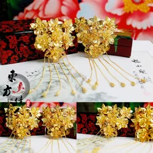 Красивый цветок золотые бусины палка для волос для свадьбы невесты Цена за 1 пару
