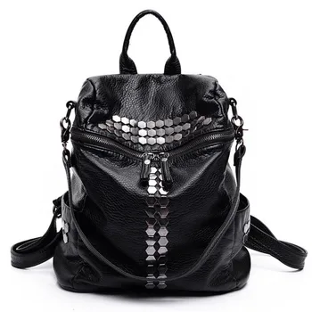 

2018 Fashion Female Leisure Bag mochilas Women Backpacks Rivet Black Soft Washed Leather Bag Schoolbags For Girls