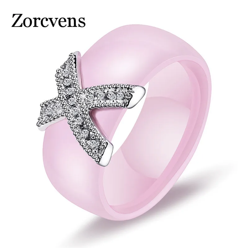 

ZORCVENS Fashion Jewelry Women Ring With AAA Crystal 8 mm X Cross Pink Black White Ceramic Rings For Women Men