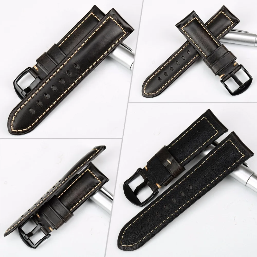 Ceny MAIKES akcesoria do zegarków pasek do zegarków 20mm 22mm 24mm 26mm Vintage skórzany pasek do zegarków dla Panerai Fossil Watchband