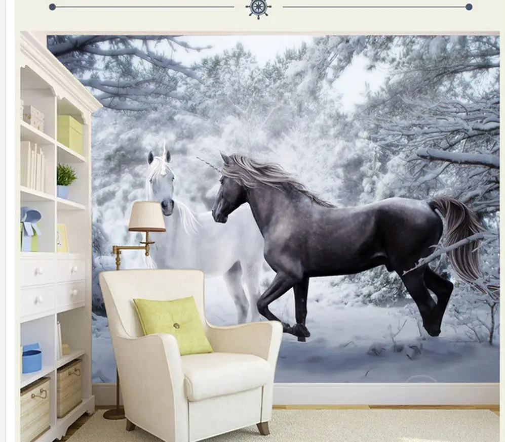 

Home Decoration wall 3d wallpaper Snow Horse black and white Artistic background photo 3d wallpaper
