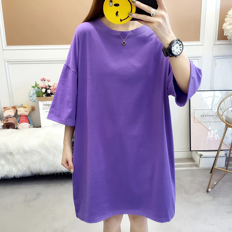 Женская длинная футболка большого размера с коротким рукавом, нижняя часть тела, футболка из хлопка, свободная тонкая модная длинная футболка для женщин - Цвет: purple