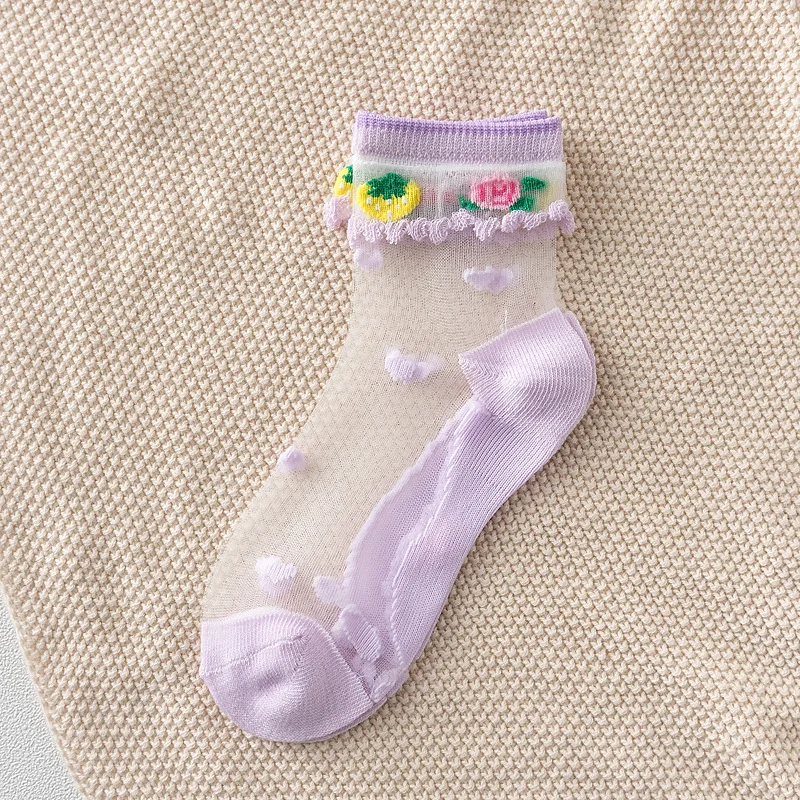 5 пар/партия, г. Новые летние детские кружевные носки с кристаллами ультратонкие дышащие носки с принтом для девочек модные эластичные кружевные детские носки