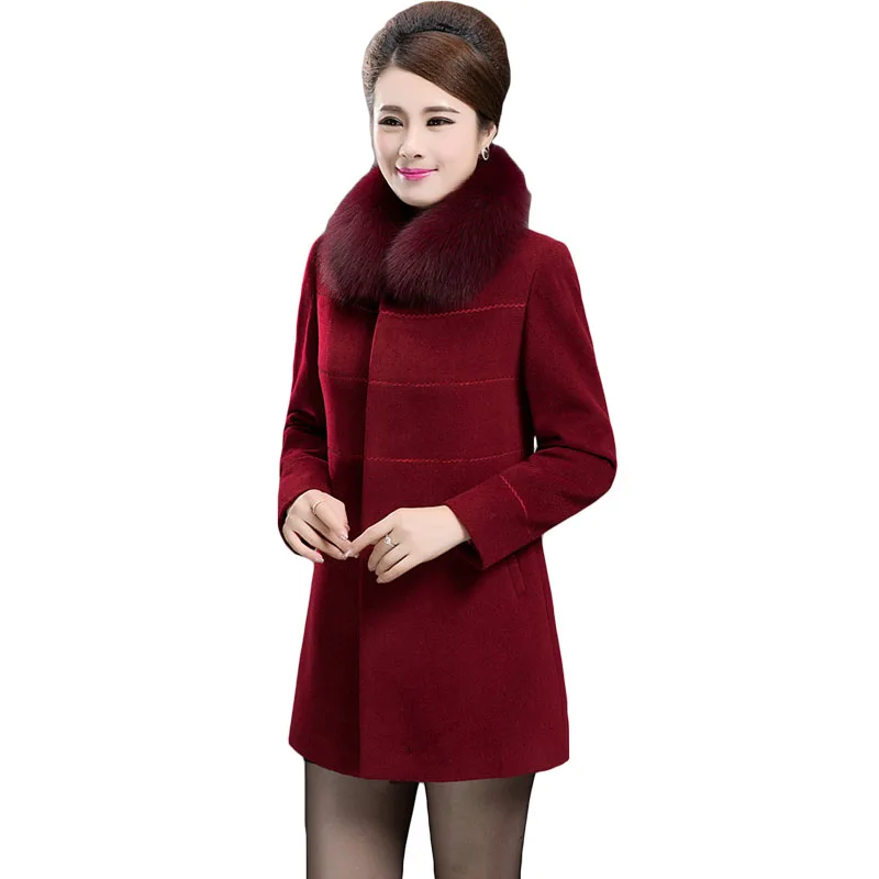 Plus Size L-5XL Autumn Winter Coat Hot Women Slim Elegant Fur Collar Single-Breasted Womens Wool Blended Mother's Day Gift XH923