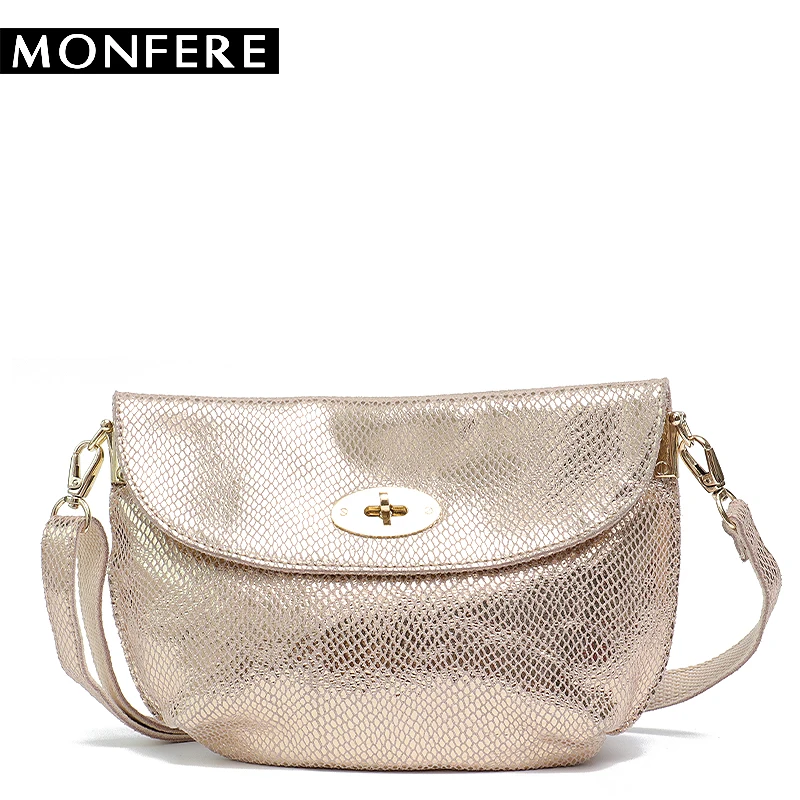 

MONFERE Women's Genuine Leather Handbag Luxury Metallic Shiny Snake Small Serpentine Pattern Female Lock Messenger Shoulder Bags