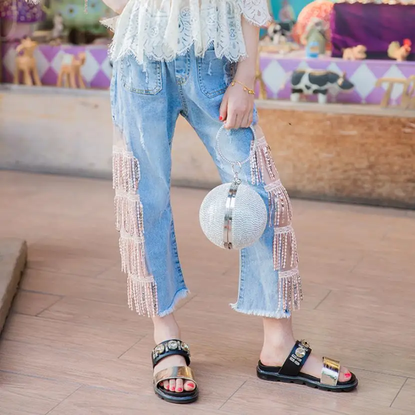 

High-end Baby Girl Clothes Children's Fashion Jeans Sequin Spliced Casual Denim Pants Spring New Kids Ankle-length Trousers Y457