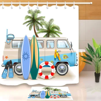 

3d Sea View Pattern Shower Curtains surf printed Bathroom Curtain Thicken Waterproof Curtain bath mat doormat home decor