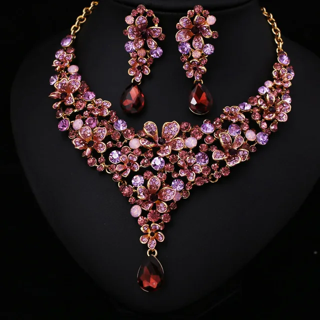 Hot Sale Women Light Pink Crystal Rhinestone Bridal Jewelry Set African