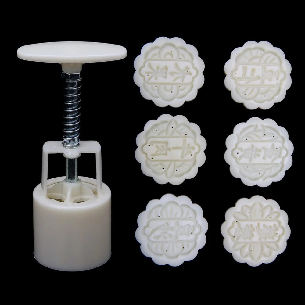 

6 Stamps + 1 Barrel 3D Lettering Moon Cake Mould Set DIY Round Mooncake Mold Baking Decor Tool 50g Baking Accessories