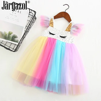 

2019 Girl's Dress Girls Eyelash Sequins Petal Sleeves Rainbow Dress Cute Lovely Elsa Princess Tutu Dress Toddler Girl Dress