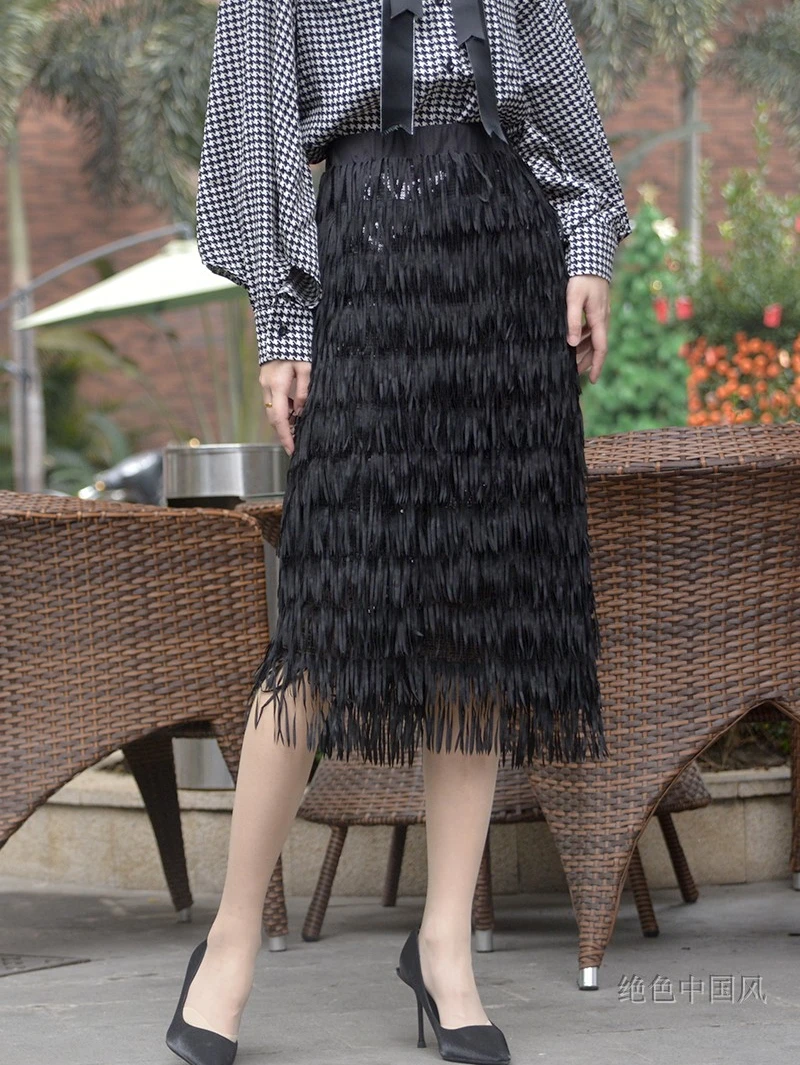 Весна высокой талией половина Длина тонкая на кнопках юбка Слои-бахромой торт прямой юбка труба(T5