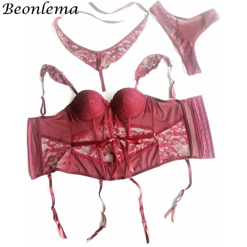 BEONLEMA See through Red Hot Lingerie Corset Bra Belt Sexy Floral Lace Bustiers Charming Strappy Transparent Underwear Women