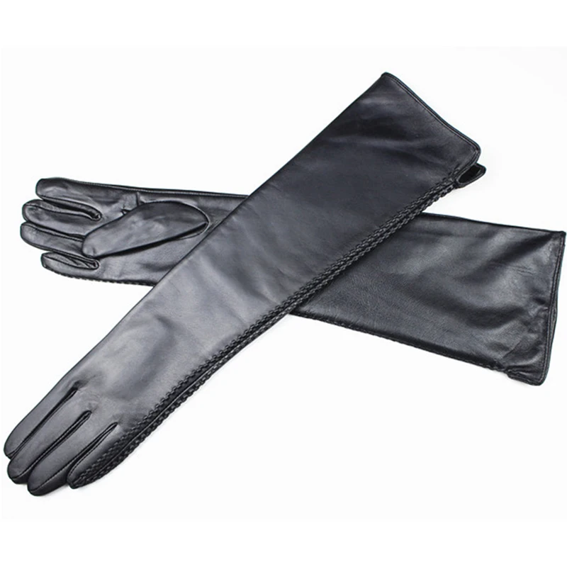 New Ms fashion long 48cm black genuine leather gloves women sheepskin solid adult mittens 