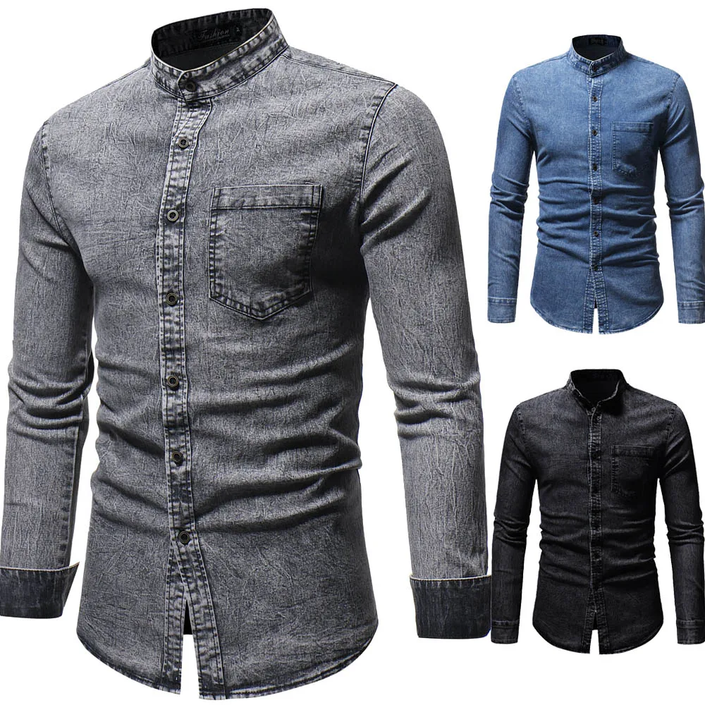 2018 новый бренд джинсы рубашки Для мужчин тела Карманный Повседневное Стенд воротник рубашки одежда с длинным рукавом Для мужчин Модная Для