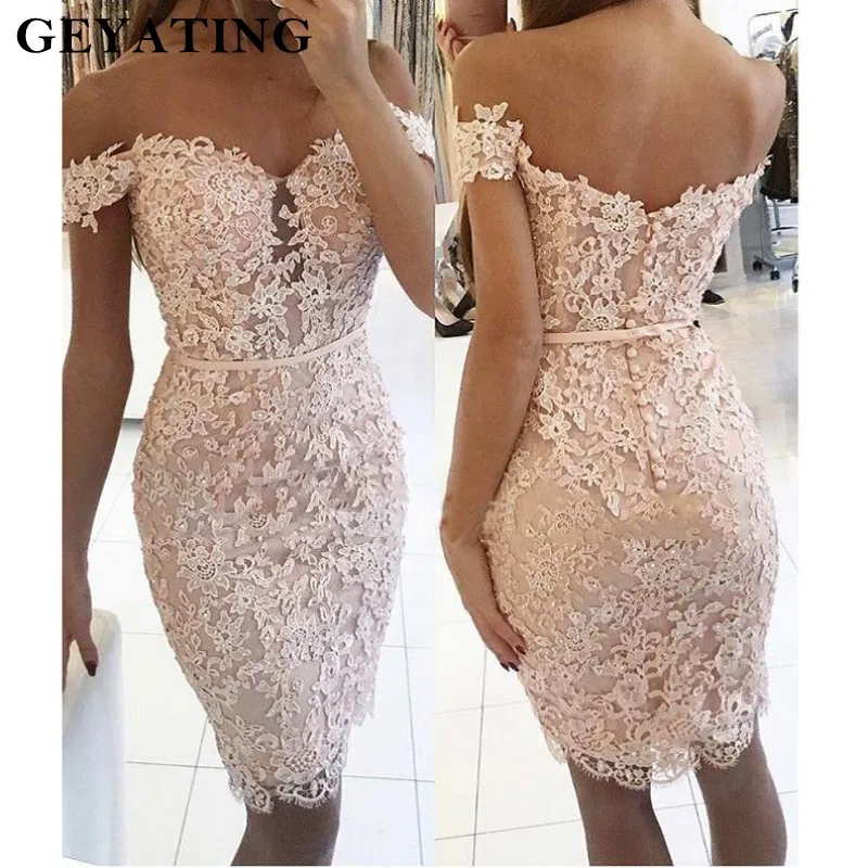 

Sexy Pink Lace Short Cocktail Dresses 2019 Sweetheart Knee Length Formal Party Gowns Appliques Sequin Beaded Sheath Prom Dresses