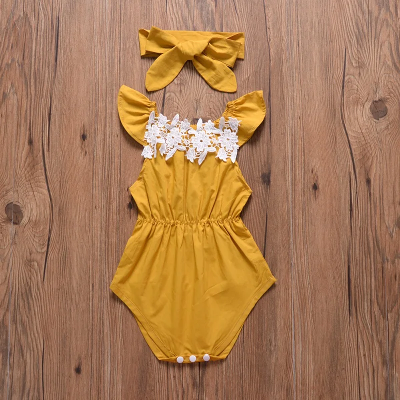 

Baby Girls Rompers 2019 Summer Newborn Baby Girls Lace Design Rompers Headband Set Flare Sleeve Jumpsuit 1