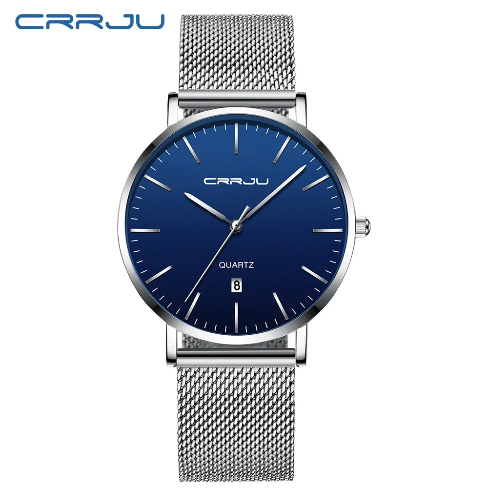 Подарок унисекс часы CRRJU для мужчин s синий циферблат сетки часы ультра тонкий повседневное кварцевые часы для мужчин Спорт Дата Часы Relogio Masculino - Цвет: silver blue