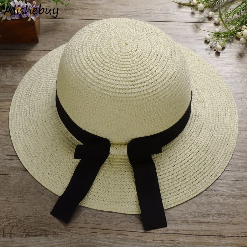 Summer Ladies Capes Vacation Bow Tie Straw Large Brimmed Beach Sun Hat