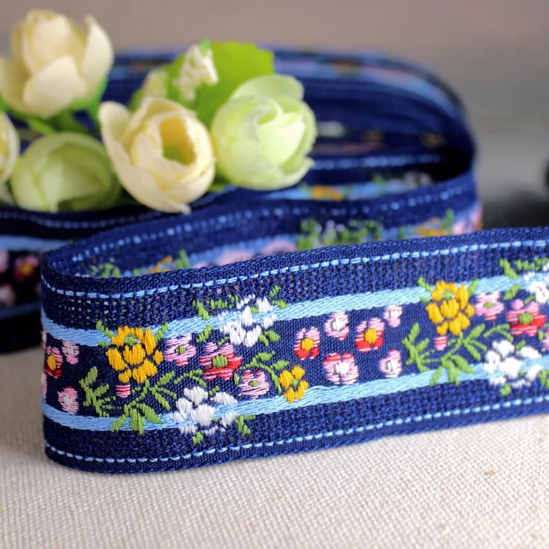 

3 yards 3.5cm Width Noble Embroidered Blue Flower Webbing Women Collar Headband Garment Trimmings Polyester Cotton Fabric