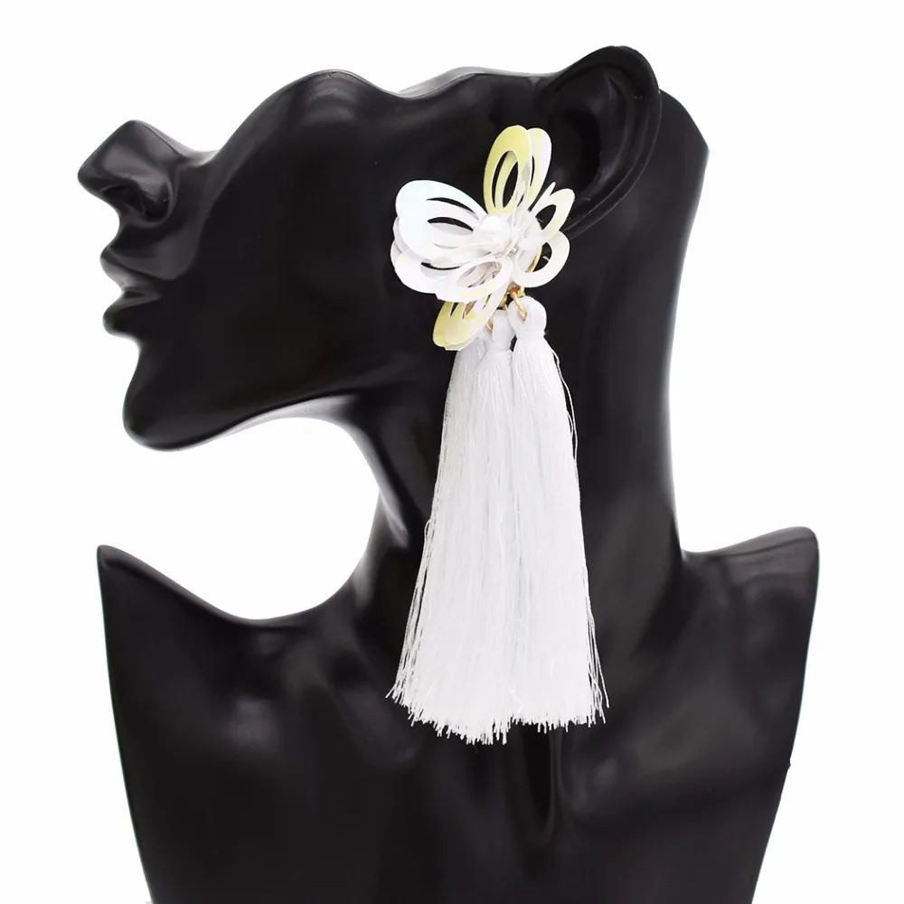 Handmade Big Sequins Silk Cotton Threads Tassel Earrings for Women