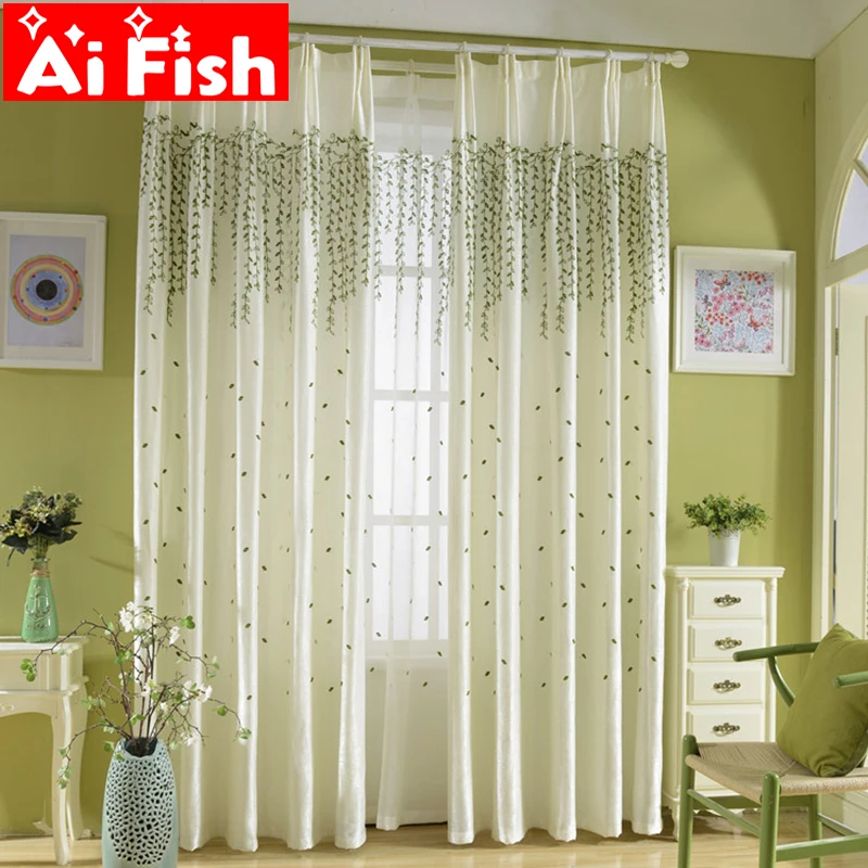 

Green Weeping Willow Thermal Insulation Curtains For Living Room Rustic Embroidered Tulle For Bedroom Windows Panels M106-30