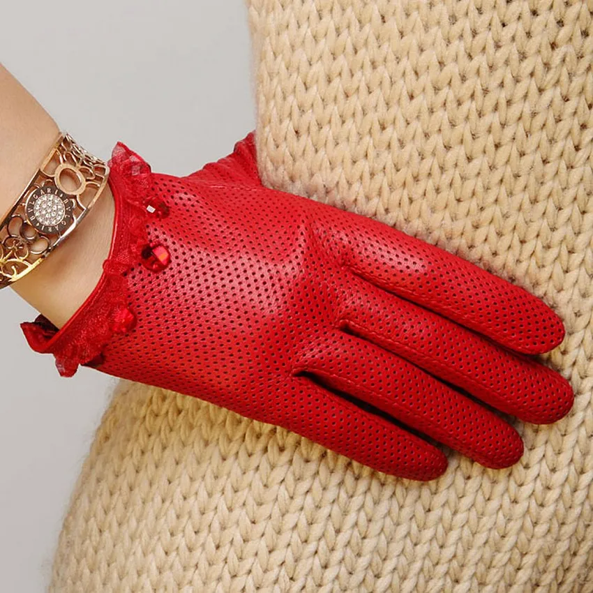 L006N01 RED wrist leather gloves New Fashion Style Cute Winter Gloves for women lambskin gloves lady driving gloves