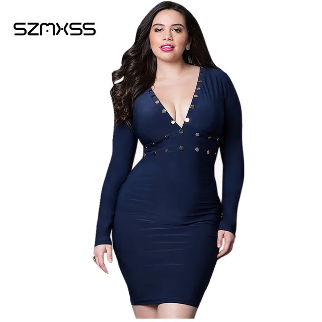 Plus Size Women Clothing Elegant Dresses XL XXL Deep V Neck Long Sleeve 2017 Summer Sexy Party